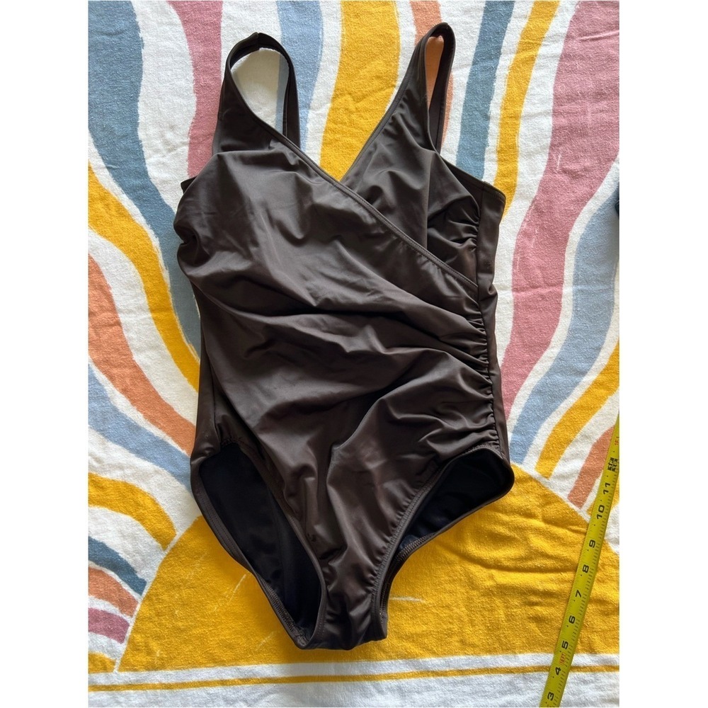 Lands End Brown One Piece Swimsuit V-Neck Wrap Ruched Size 8